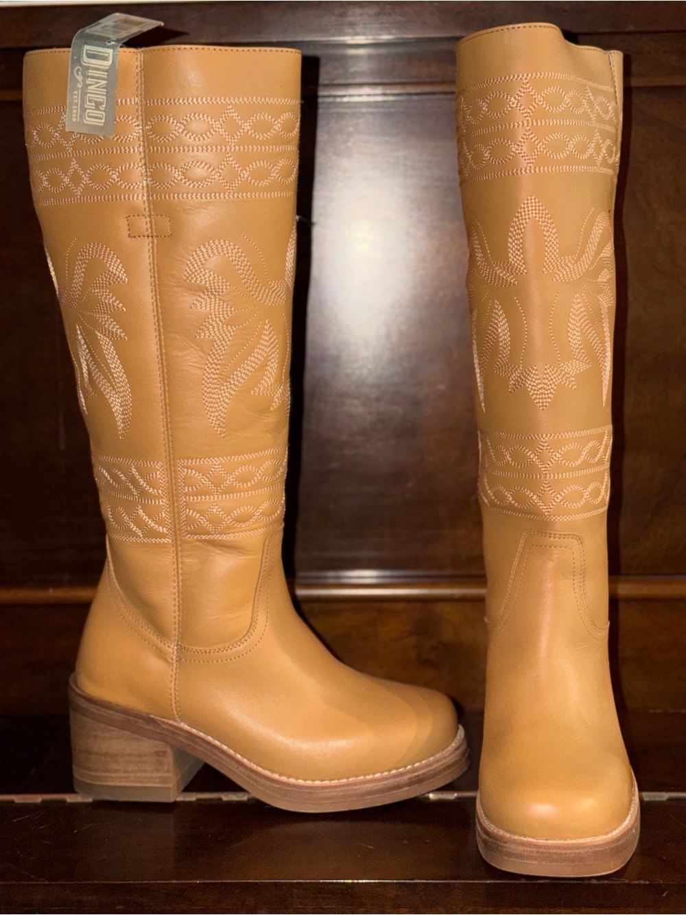 dingo Tan Embroidered Knee-High Heel Boots